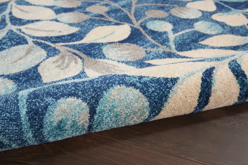 Navy Blue and Beige Botanical Leaves Area Rug Photo 5