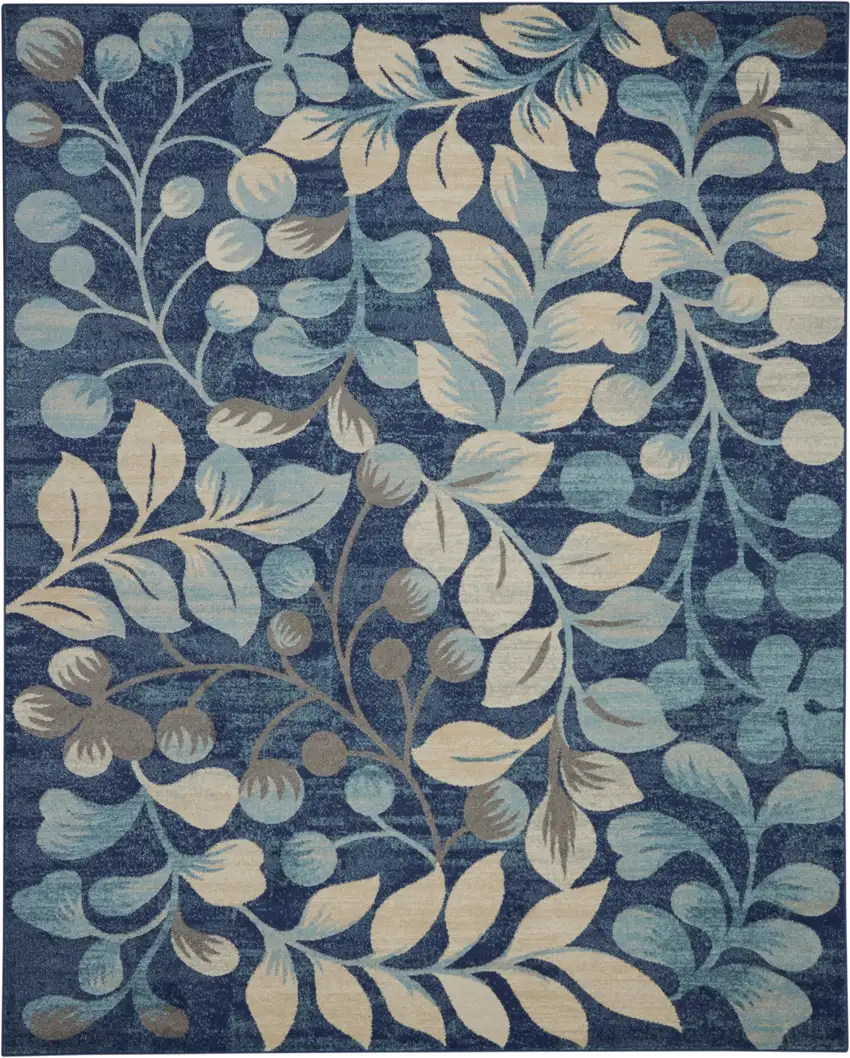 Navy Blue and Beige Botanical Leaves Area Rug Photo 8