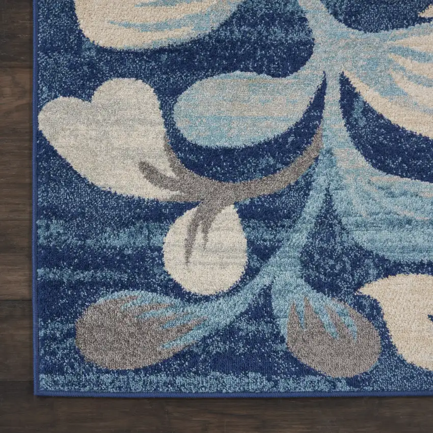 Navy Blue and Beige Botanical Leaves Area Rug Photo 9