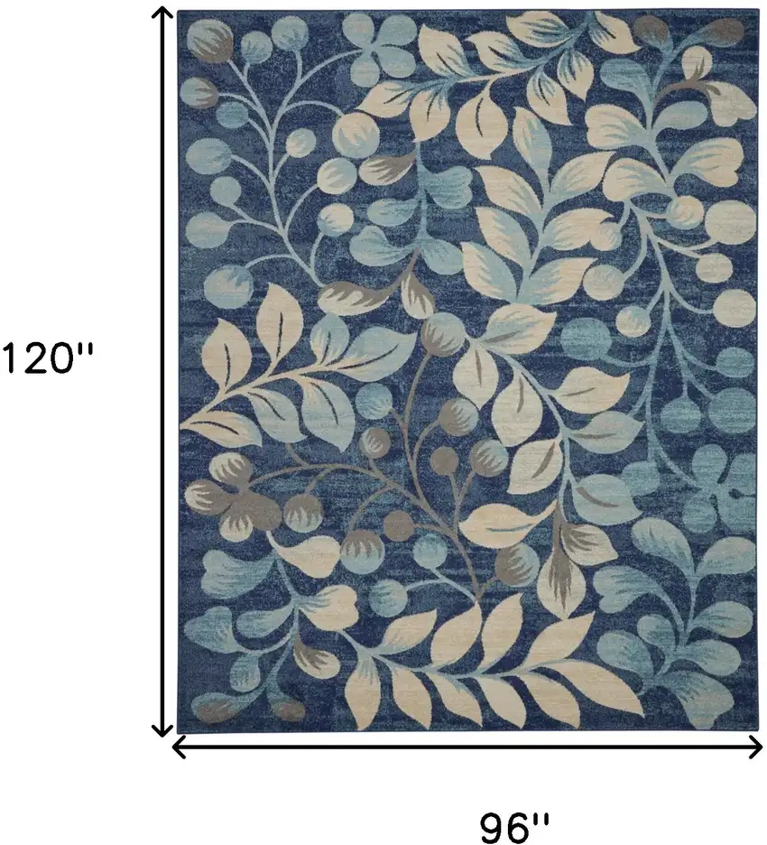 Navy Blue and Beige Botanical Leaves Area Rug Photo 3