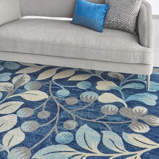Navy Blue and Beige Botanical Leaves Area Rug Photo 6