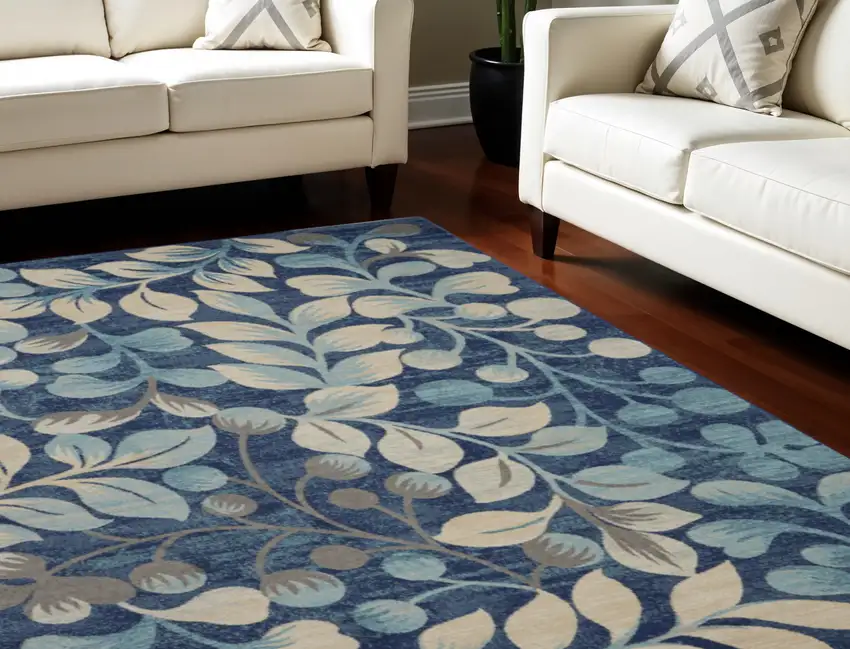 Navy Blue and Beige Botanical Leaves Area Rug Photo 1