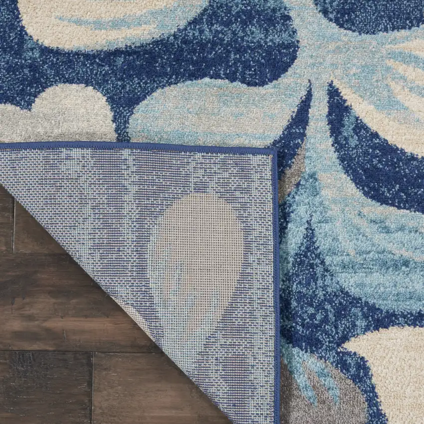 Navy Blue and Beige Botanical Leaves Area Rug Photo 8