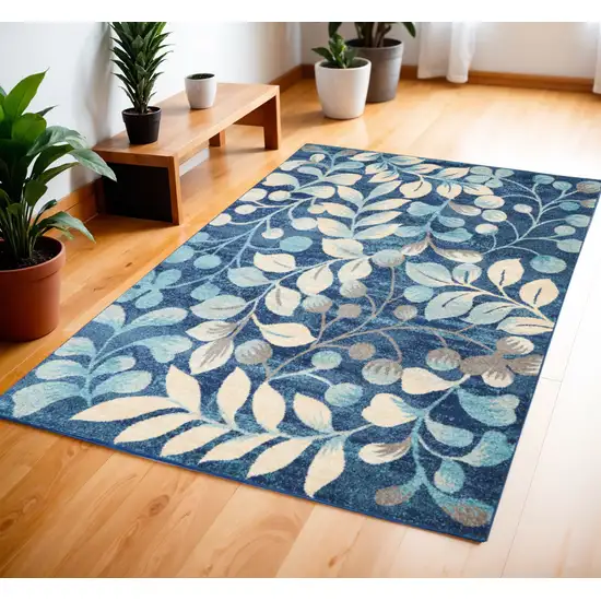 Navy Blue and Beige Botanical Leaves Area Rug Photo 1