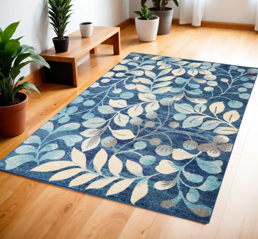Navy Blue and Beige Botanical Leaves Area Rug Photo 1