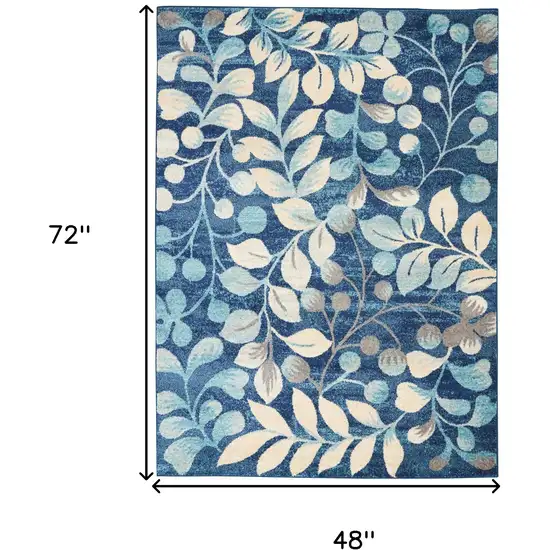 Navy Blue and Beige Botanical Leaves Area Rug Photo 3