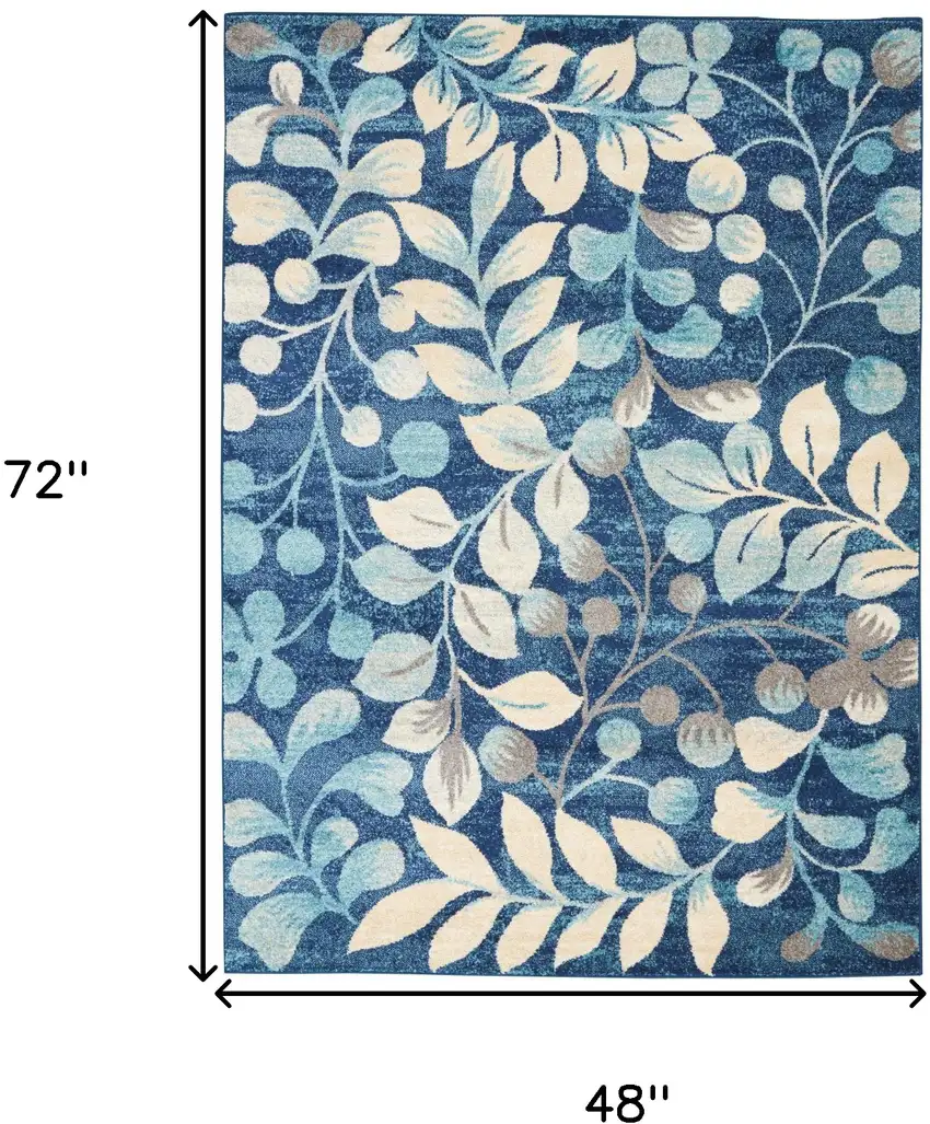 Navy Blue and Beige Botanical Leaves Area Rug Photo 3
