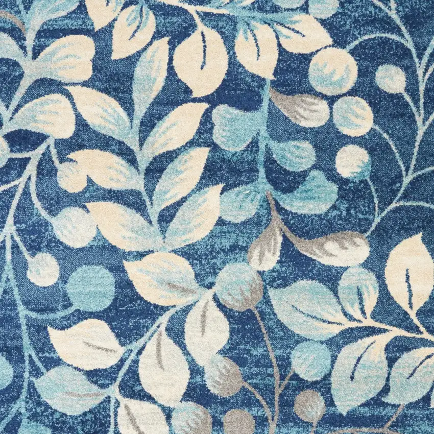 Navy Blue and Beige Botanical Leaves Area Rug Photo 6