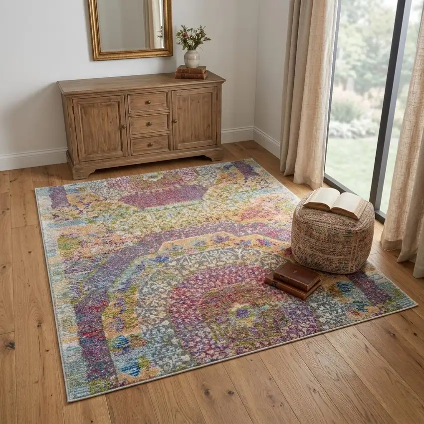 Navy Blue and Gold Floral Medallion Distressed Non Skid Area Rug Photo 1