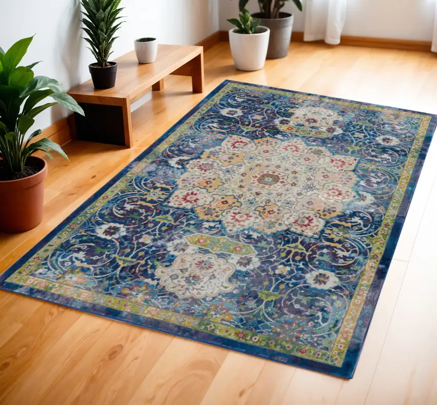 Navy Blue and Gold Floral Medallion Distressed Non Skid Area Rug Photo 1
