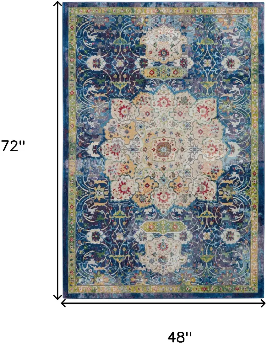 Navy Blue and Gold Floral Medallion Distressed Non Skid Area Rug Photo 3