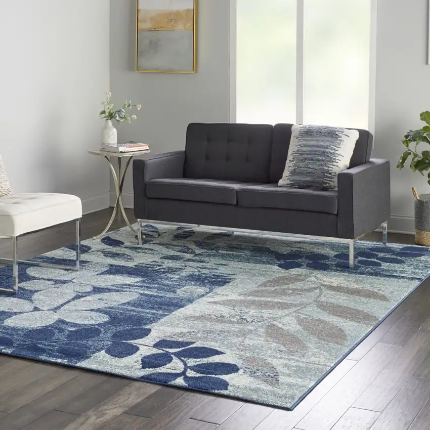 Navy Blue and Ivory Botanical Leaves Area Rug Photo 5