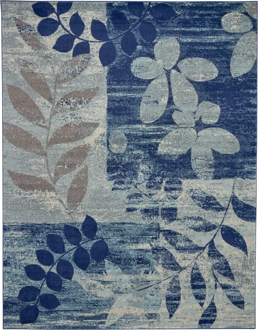 Navy Blue and Ivory Botanical Leaves Area Rug Photo 1