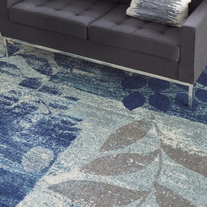 Navy Blue and Ivory Botanical Leaves Area Rug Photo 4