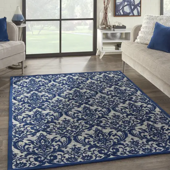 Navy Blue and Ivory Damask Distressed Area Rug Photo 6