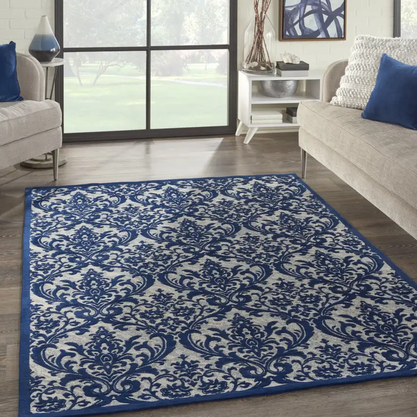 Navy Blue and Ivory Damask Distressed Area Rug Photo 6