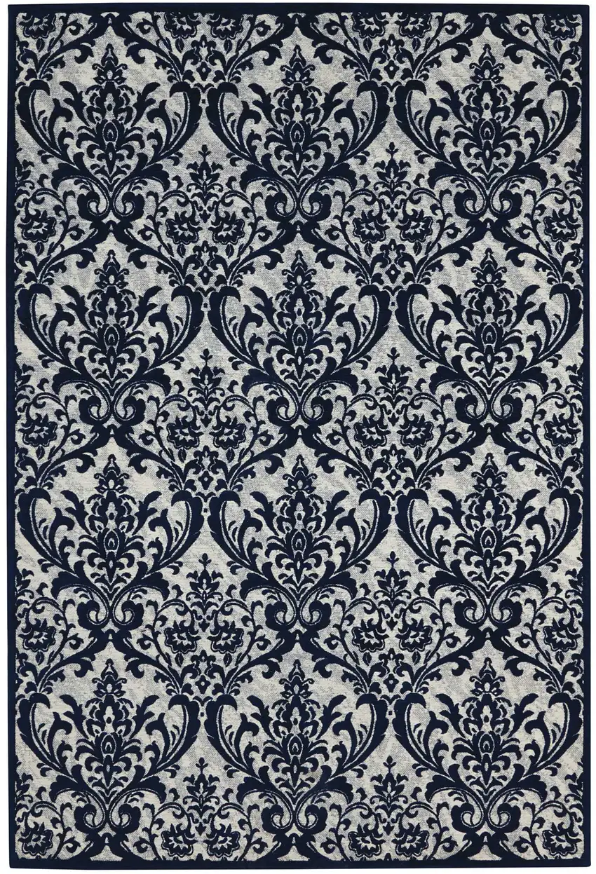 Navy Blue and Ivory Damask Distressed Area Rug Photo 2