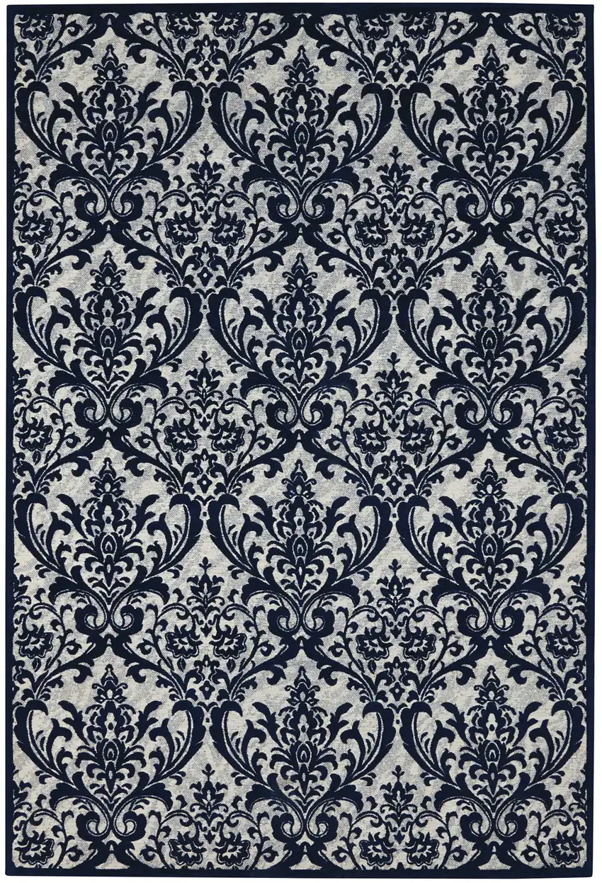 Navy Blue and Ivory Damask Distressed Area Rug Photo 5