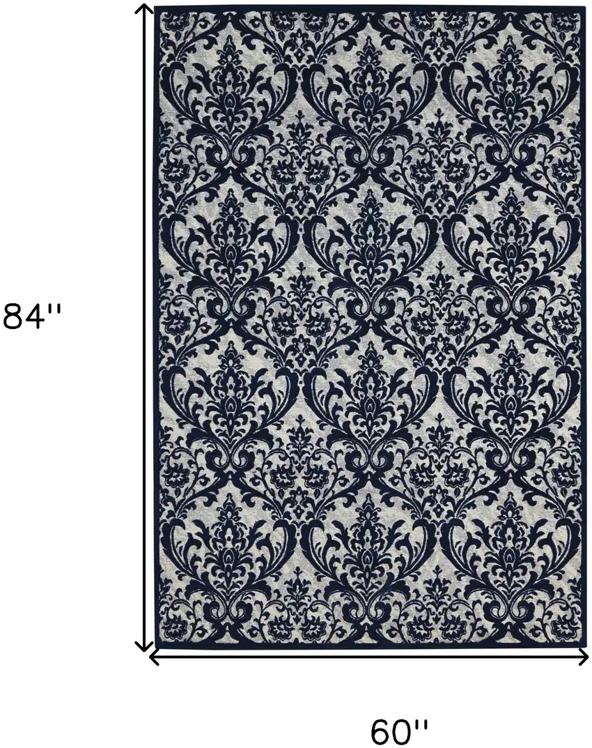 Navy Blue and Ivory Damask Distressed Area Rug Photo 3