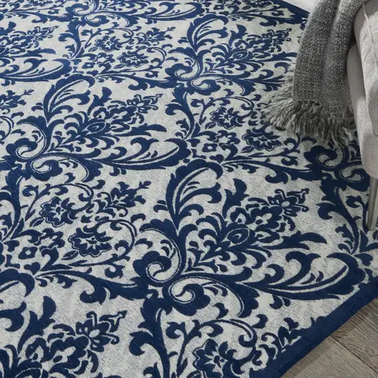 Navy Blue and Ivory Damask Distressed Area Rug Photo 6