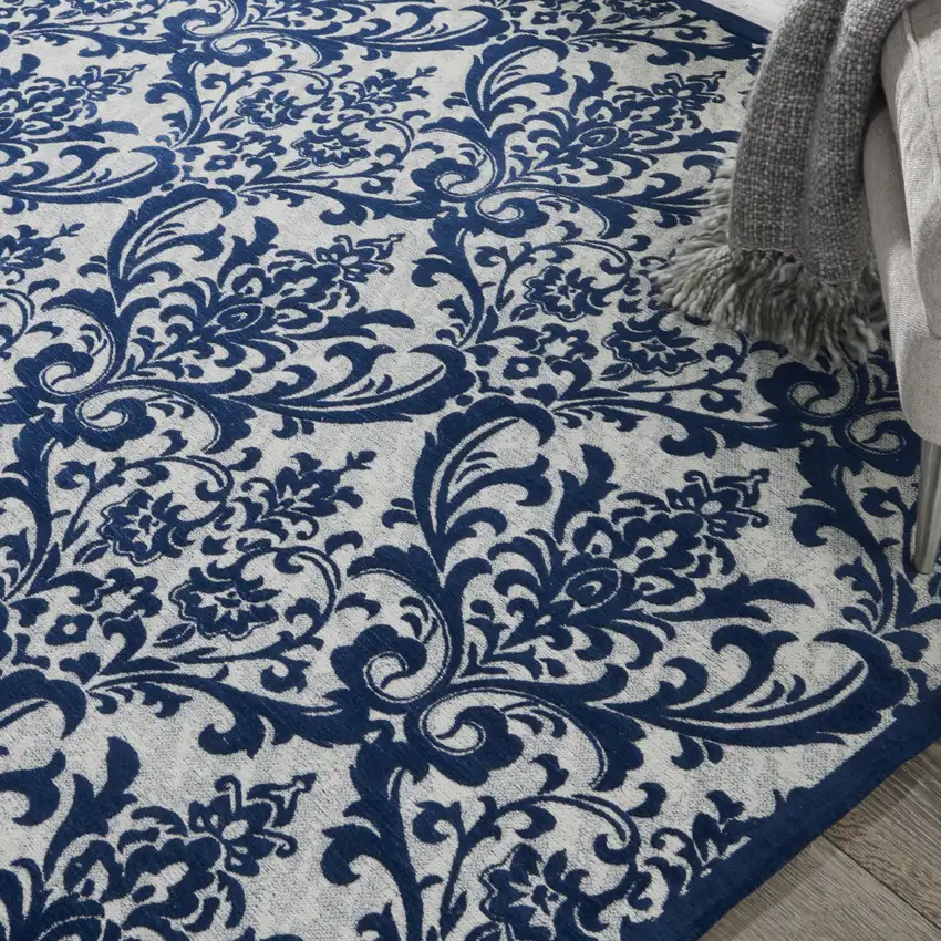 Navy Blue and Ivory Damask Distressed Area Rug Photo 6