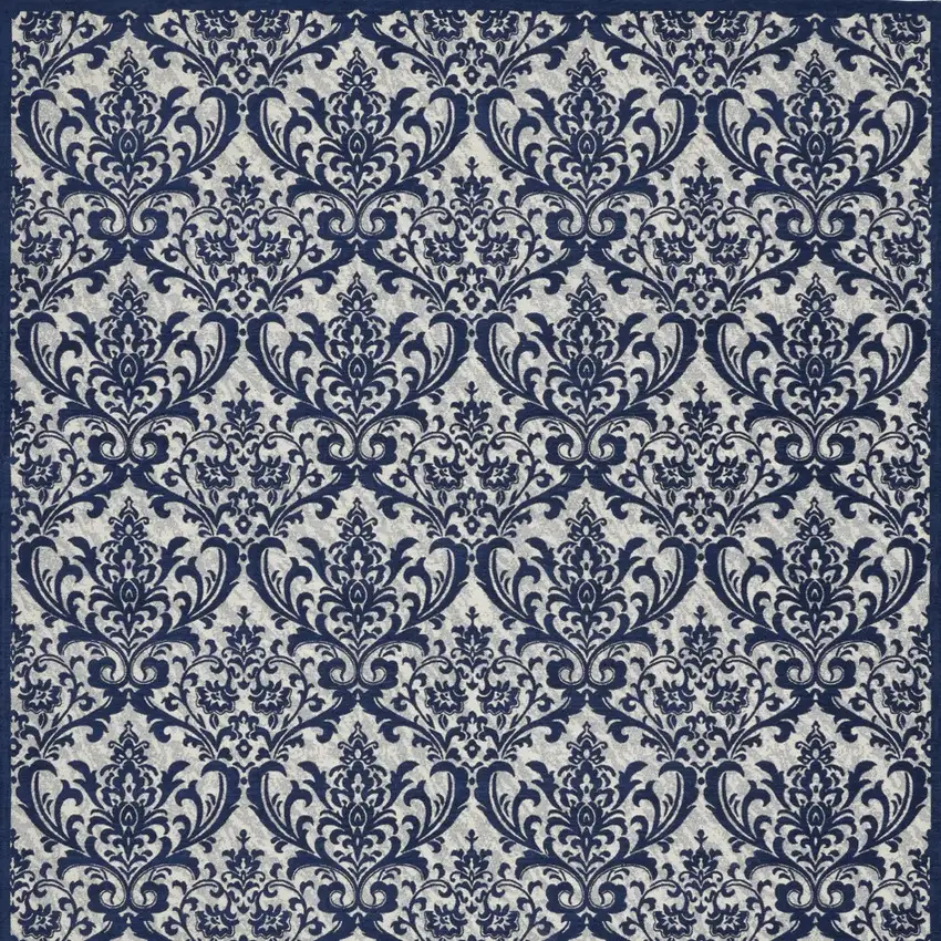 Navy Blue and Ivory Damask Distressed Area Rug Photo 5
