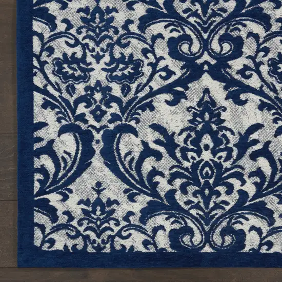 Navy Blue and Ivory Damask Distressed Area Rug Photo 8