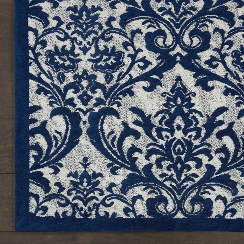 Navy Blue and Ivory Damask Distressed Area Rug Photo 8