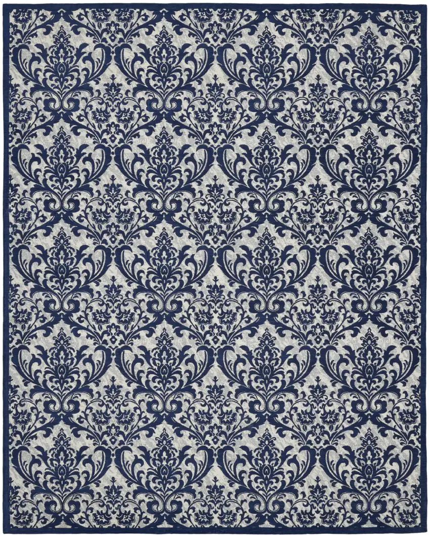 Navy Blue and Ivory Damask Distressed Area Rug Photo 2