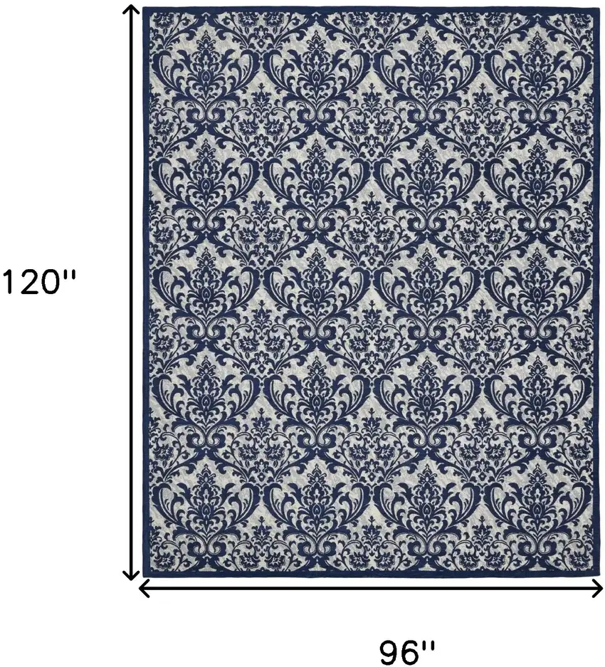 Navy Blue and Ivory Damask Distressed Area Rug Photo 3