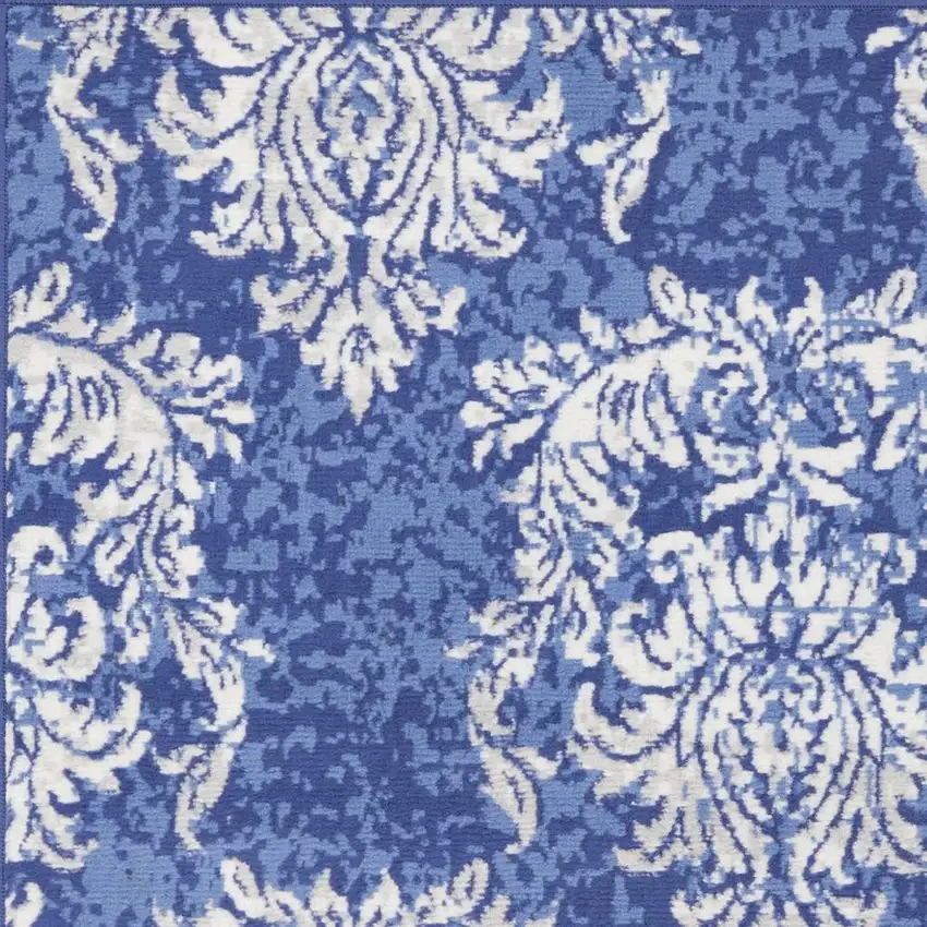Navy Blue and Ivory Damask Distressed Area Rug Photo 5