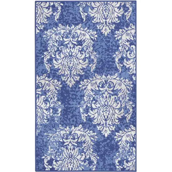 Navy Blue and Ivory Damask Distressed Area Rug Photo 2