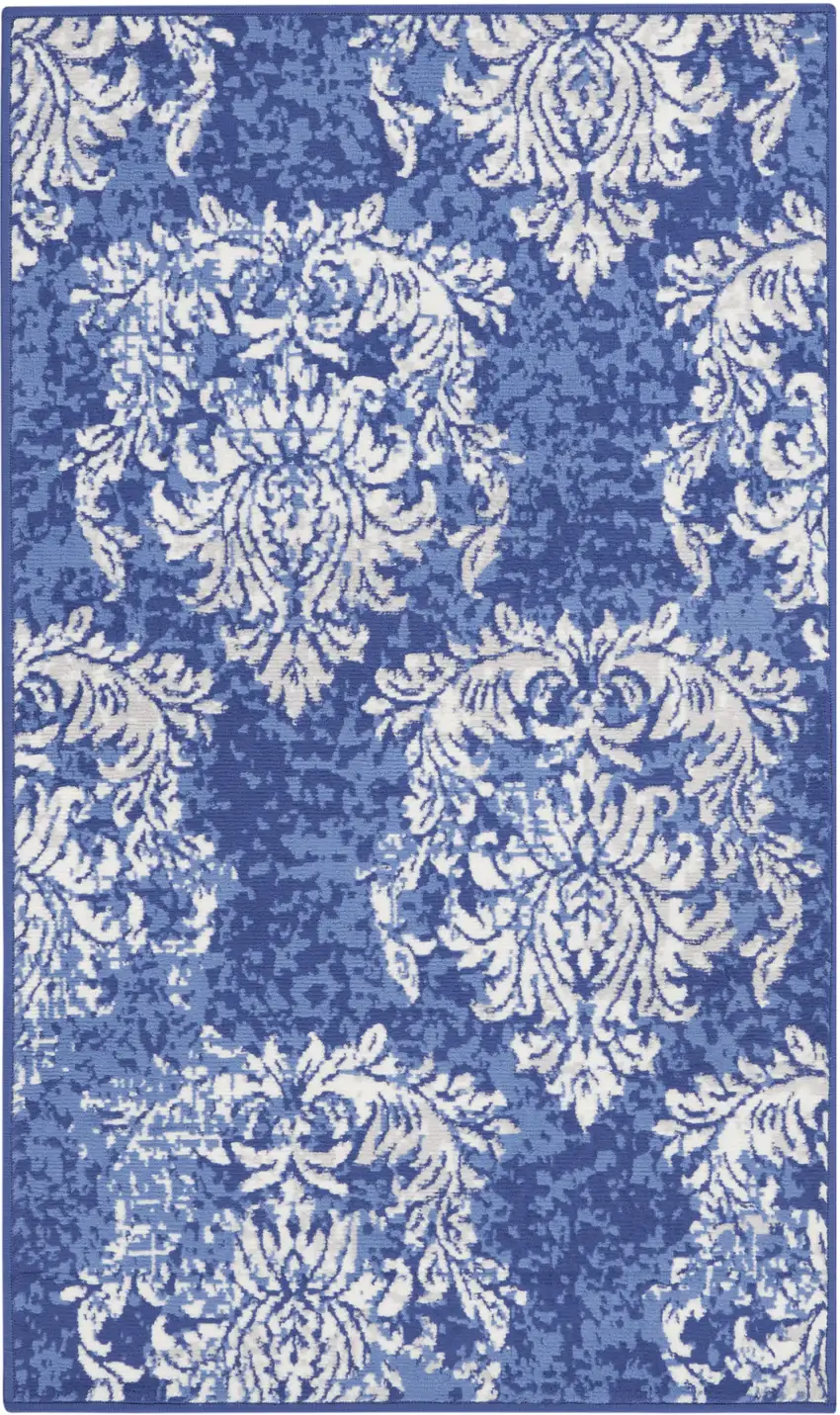 Navy Blue and Ivory Damask Distressed Area Rug Photo 2