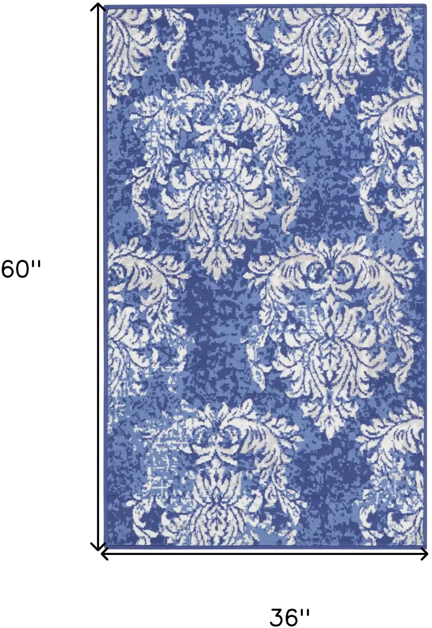 Navy Blue and Ivory Damask Distressed Area Rug Photo 3