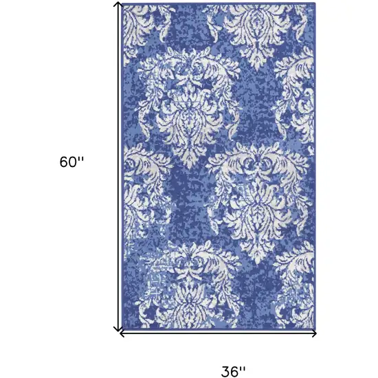 Navy Blue and Ivory Damask Distressed Area Rug Photo 3