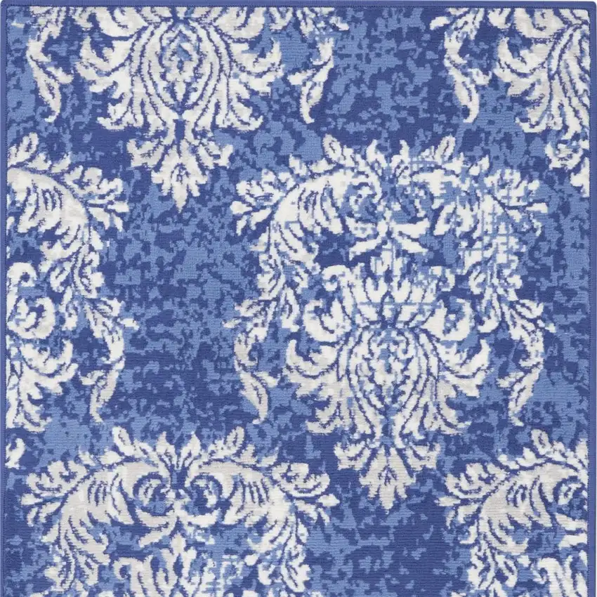 Navy Blue and Ivory Damask Distressed Area Rug Photo 3