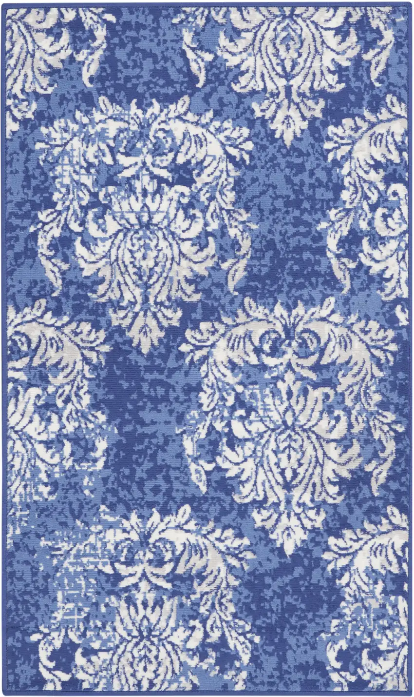 Navy Blue and Ivory Damask Distressed Area Rug Photo 8