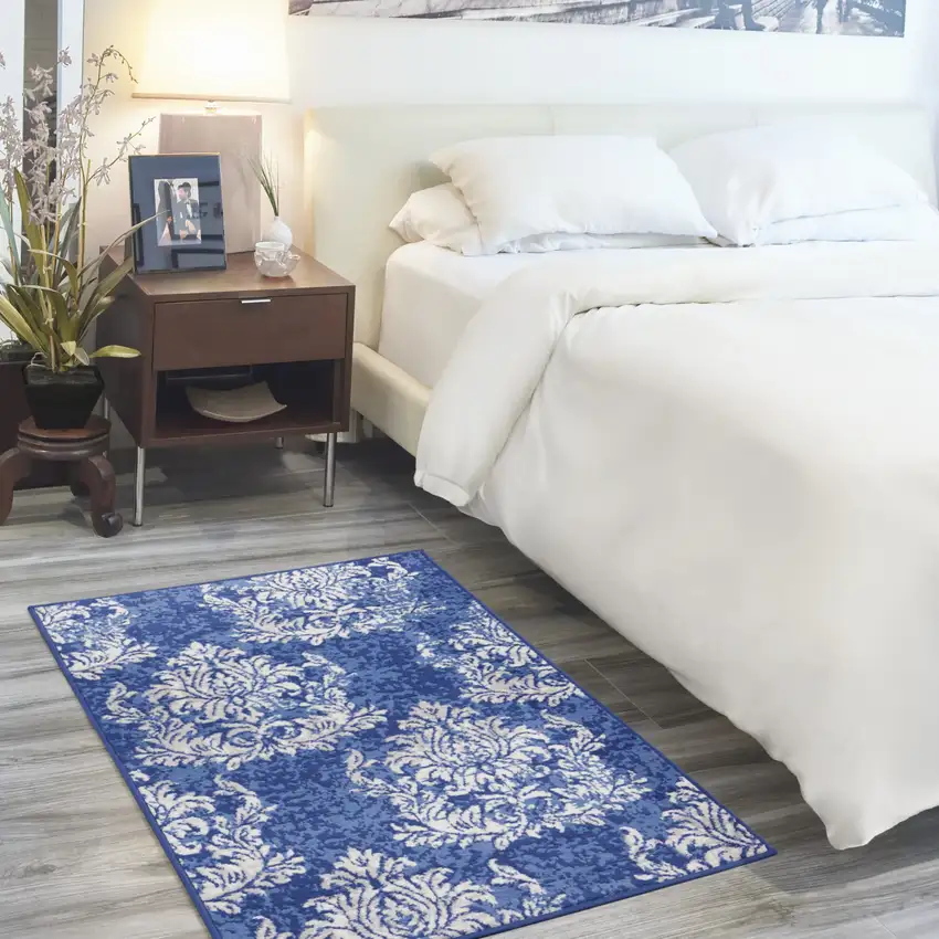 Navy Blue and Ivory Damask Distressed Area Rug Photo 7