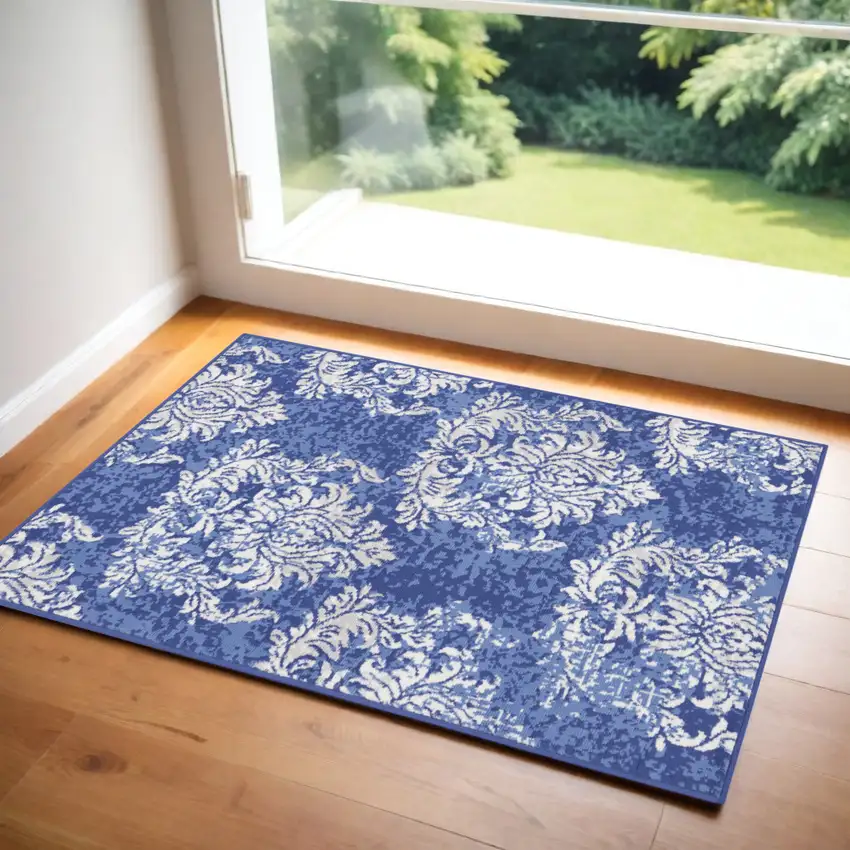 Navy Blue and Ivory Damask Distressed Area Rug Photo 1