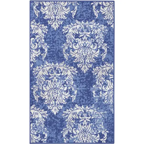 Navy Blue and Ivory Damask Distressed Area Rug Photo 6