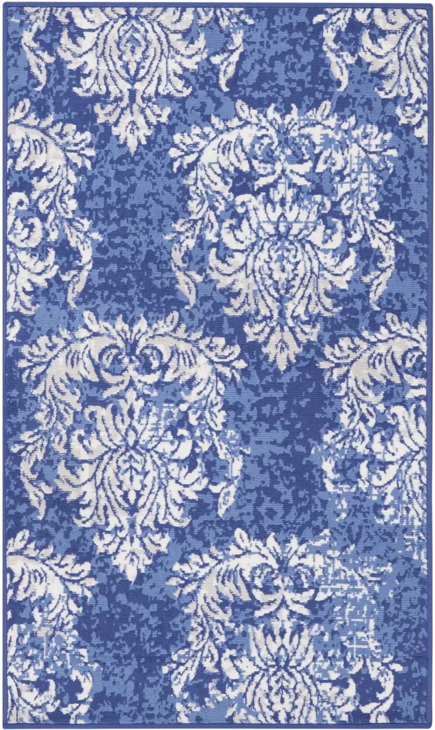 Navy Blue and Ivory Damask Distressed Area Rug Photo 6