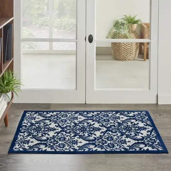 Navy Blue and Ivory Damask Distressed Area Rug Photo 6