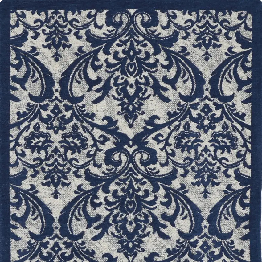 Navy Blue and Ivory Damask Distressed Area Rug Photo 5