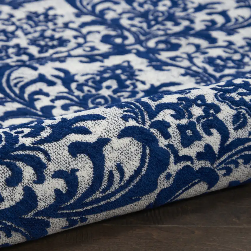 Navy Blue and Ivory Damask Distressed Area Rug Photo 9