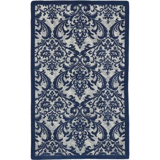 Navy Blue and Ivory Damask Distressed Area Rug Photo 2