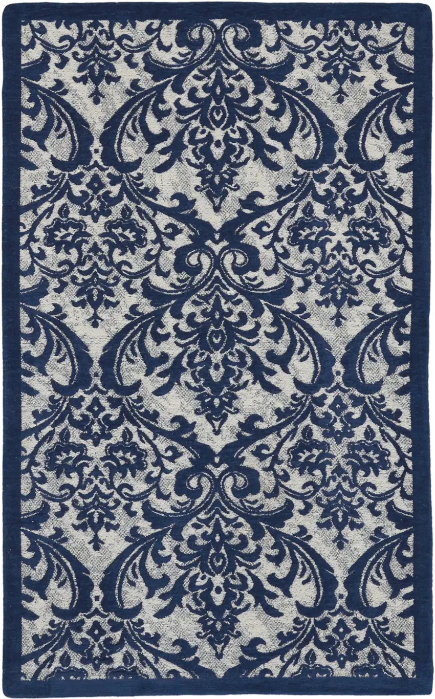 Navy Blue and Ivory Damask Distressed Area Rug Photo 2