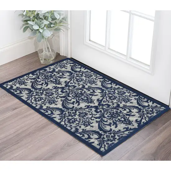 Navy Blue and Ivory Damask Distressed Area Rug Photo 1