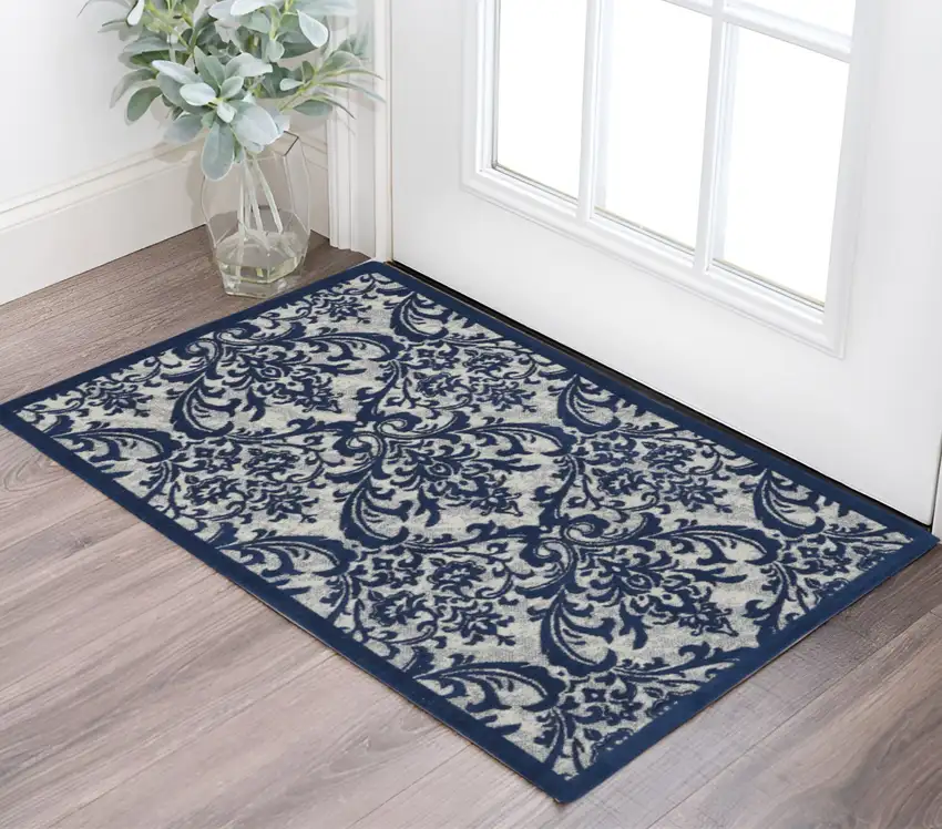 Navy Blue and Ivory Damask Distressed Area Rug Photo 1