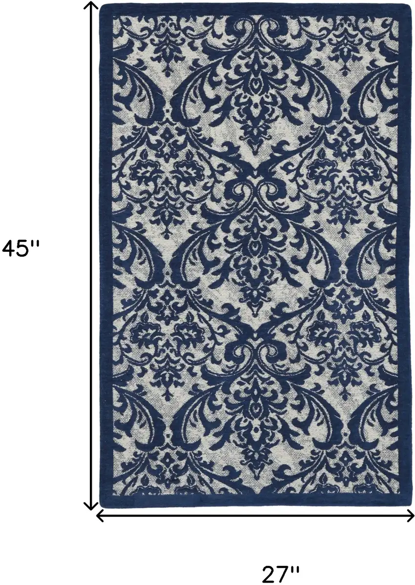 Navy Blue and Ivory Damask Distressed Area Rug Photo 3