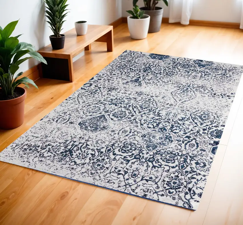 Navy Blue and Ivory Damask Distressed Area Rug Photo 1